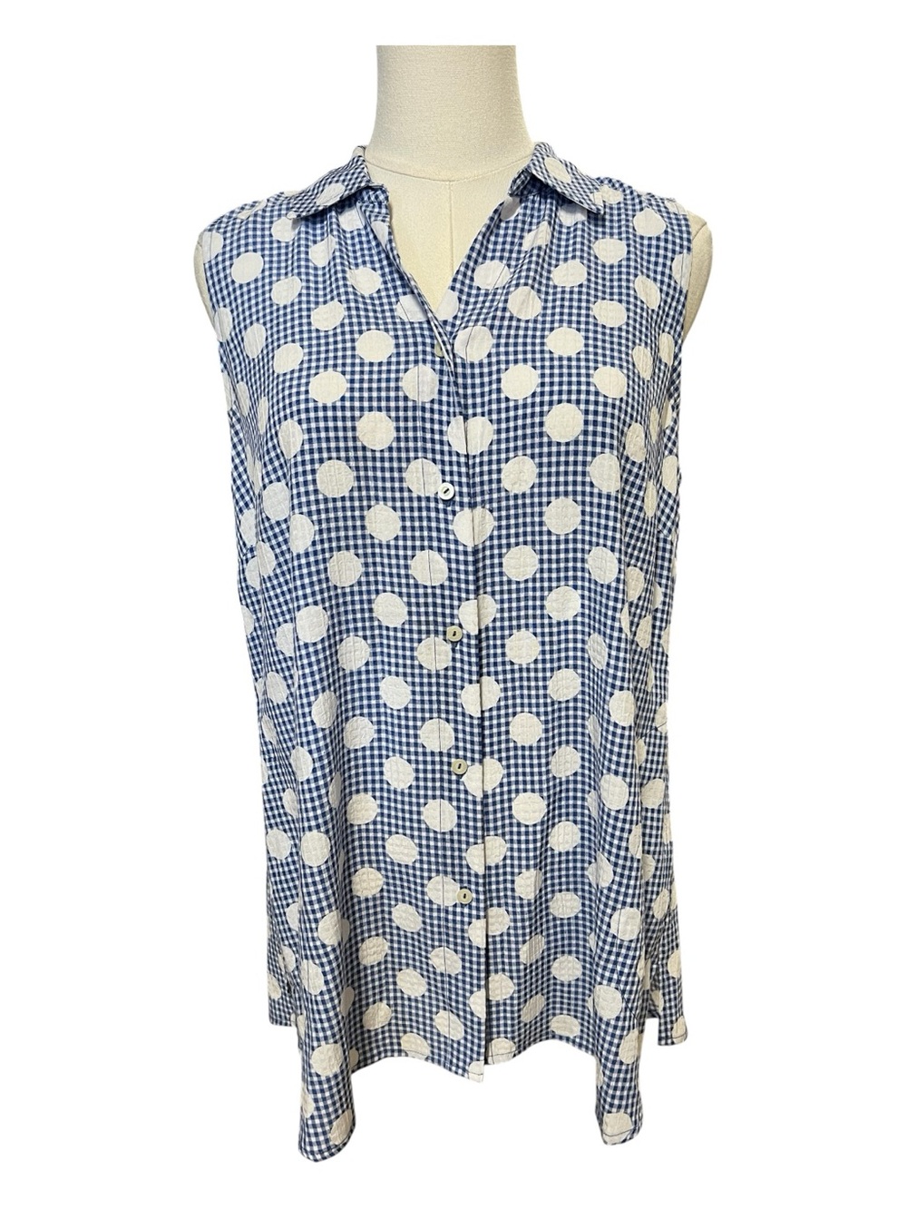 EUC Susan Graver Blue Gingham Polka Dot Blouse | Size Small